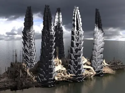 Sci-Fi City District Tower Kit bash 4 Low-poly 3D model