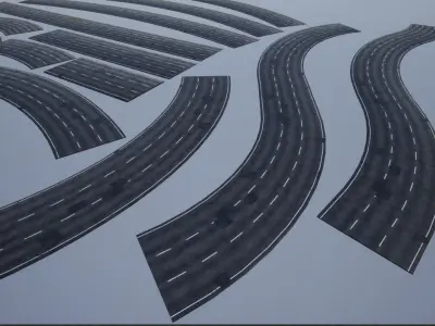 PBR 4K-2K three-lane Patched Modular Highway Roads Low-poly 3D model