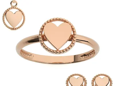 Heart Love Valentine Light wt Plain Gold Ring Earrings Pendant 3D Model Pack