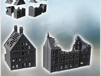Set of two large modern brick buildings with sloping roofs and d 3D print model purchase