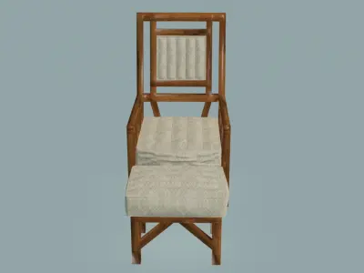Wooden and cotton armchair with pouf 3D model