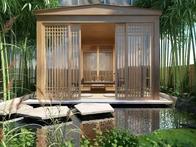 Wooden Gazebo with Tea Set with Greenery 3D model
