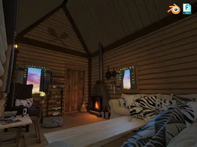 Detailed Log cabin with Interior Texture and Lighting 3D model