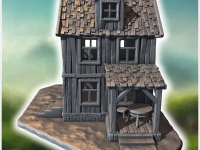 Two-story wooden house with a covered porch damaged roof and woo 3D print model