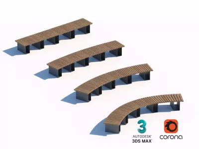 Curved and Straight Wooden Bench Set 3D model