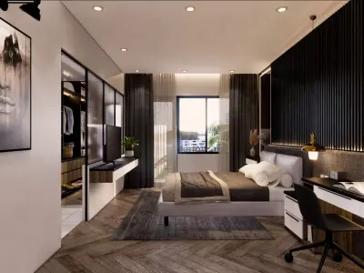 bedroom modern with walls and wooden floors 3D model get