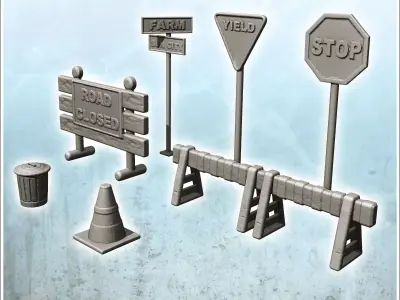 Modern roadworks signage set with signs and barriers 11 3D print model