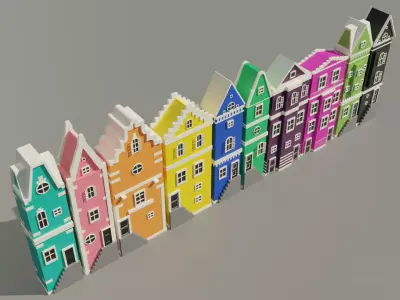 10 Amsterdam old houses Low-poly 3D model