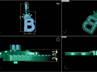 Crown Initial  B  Letter Pendant 3D print model