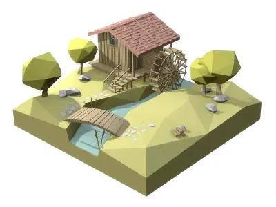 Watermill isometric landscape village low poly Low-poly 3D model