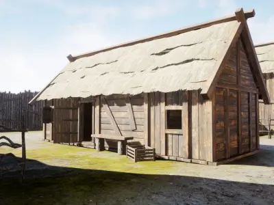 Medieval village wooden houses Low-poly 3D model