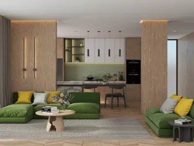 Modern Living Room and Kitchen 3D model buy