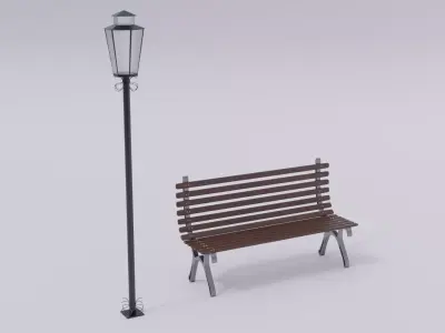 Wooden Bench - Lamp post 3D model