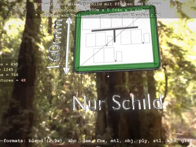 Hinweisschild Hydrant Gruen mit Pfosten und Rahmen Low-poly 3D model