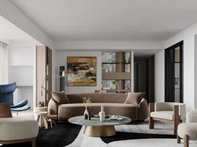 Modern Living Dining Room 3D Model 3D model