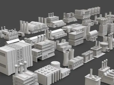 Low Poly Industrial Building Pack Of 50 -Game Ready -Untextured Low-poly 3D model