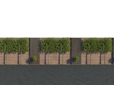 Brick Fence With Pleached Trees 3D model
