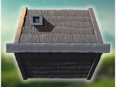 Medieval timber-framed house with thatched roof chimney and wood 3D print model