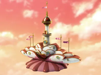 Cartoony Stylized Love Castle with windmill fountain bridges 3D model