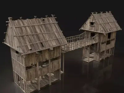 Next Gen AAA Wooden Watchtower Bridge Gate - ENTERABLE Low-poly 3D model