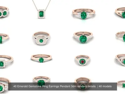40 Emerald Gemstone Ring Earrings Pendant 3dm renders details  3D Model Pack