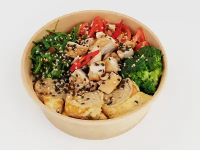 Poke bowl lunch with eggs chicken avocado tomatoes rice chuka  3D model