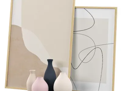 Decor Set Ceramic Matte Pottery Vase Continuous Line Art 3D model