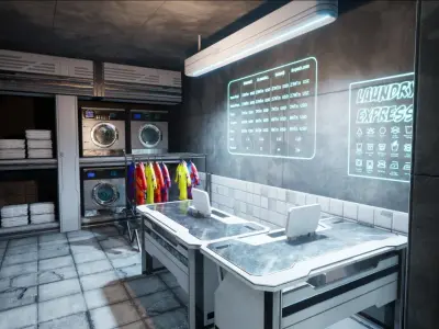 Cyberpunk Laundry Room Props Interior Game-Ready Low-poly 3D model
