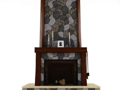 Fireplace with wood and stone 3D model