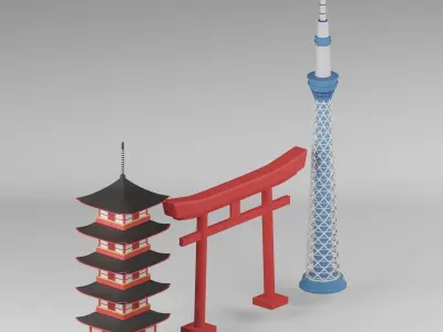 Model of Japanese Pagoda Temple gate and modern Tower 3D model
