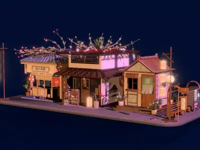 Stylized Japanese Mini Street Diorama 3D Model Low-poly 3D model