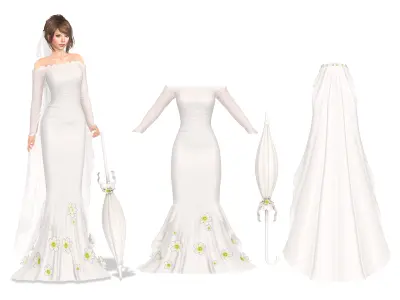 Wedding Dress With Long Veil Cape Umbrella Accessory Low-poly 3D model