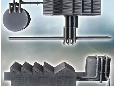 Industrial building with partial shed roof tanks and external pi 3D print model