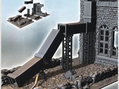 Ruined industrial structure with a large chute and scattered deb 3D print model