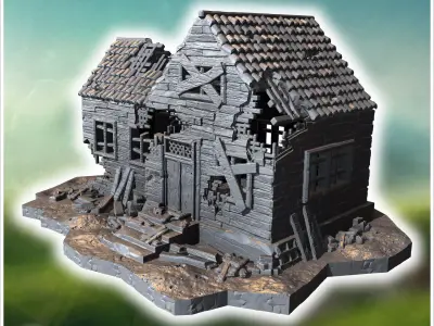 Ruined building with collapsed roof broken walls and scattered w 3D print model