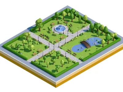 Low Poly Park with trees and pond Low-poly 3D model