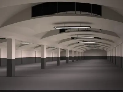 Warehouse long hallway with arches and lights Low-poly 3D model