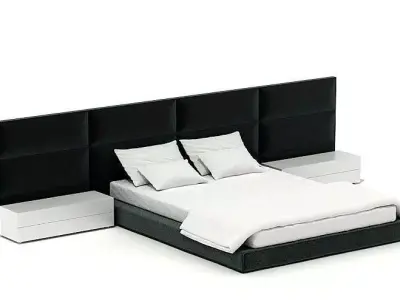 Black Bed With Headboard And White Nightstands 3D model