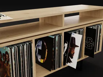 Vinyl LP Storage with Record Player Stand Light Oak Wood PBR 3D model