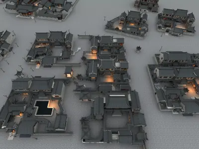 Asia Ancient buildings courtyard Low-poly 3D model