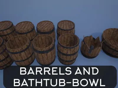 Wooden Barrels and Bathtub-bowl Low-poly 3D model