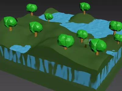 Mountain island with trees and water Low-poly 3D model