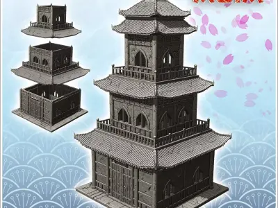 Oriental pagoda with multiple curved roofs and double terraces 4 3D print model