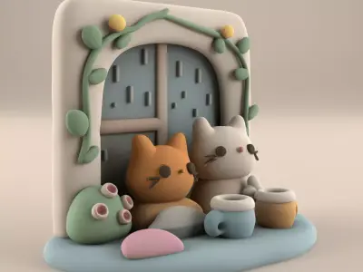 Cozy Cat Duo Rainy Window STL 3D print model