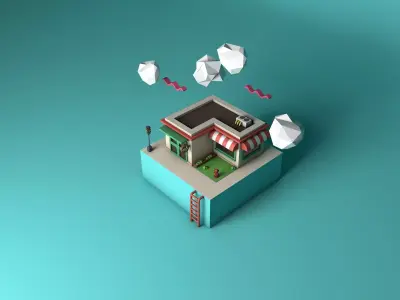 CAFE LOW POLY building with clouds 3D model
