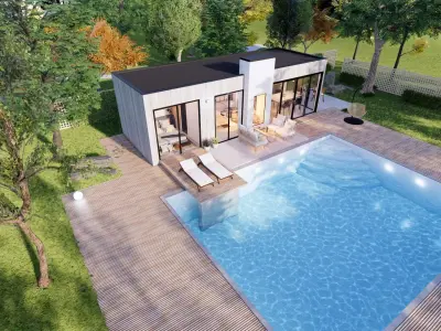 modern pool house with fireplace 3d model Low-poly 3D model