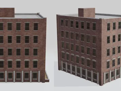 Red brick apartment building Low-poly 3D model