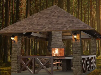 Detailed gazebo with fireplace and lighting 3D model