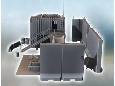 Vehicle repair center with container workshops and concrete wall 3D print model