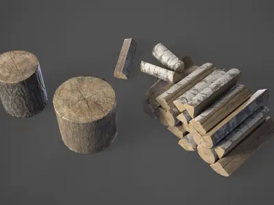 Firewood pile with stumps and axe Low-poly 3D model